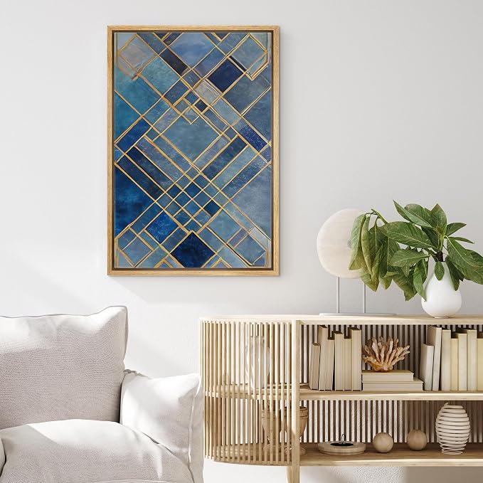 MUDECOR Framed Canvas Print Wall Art Blue and Gold Art Deco Geometric Pattern Illustrations Fine Art Mid-Century Modern Multicolor for Living Room, Bedroom, Office - 16"x24" NATURAL