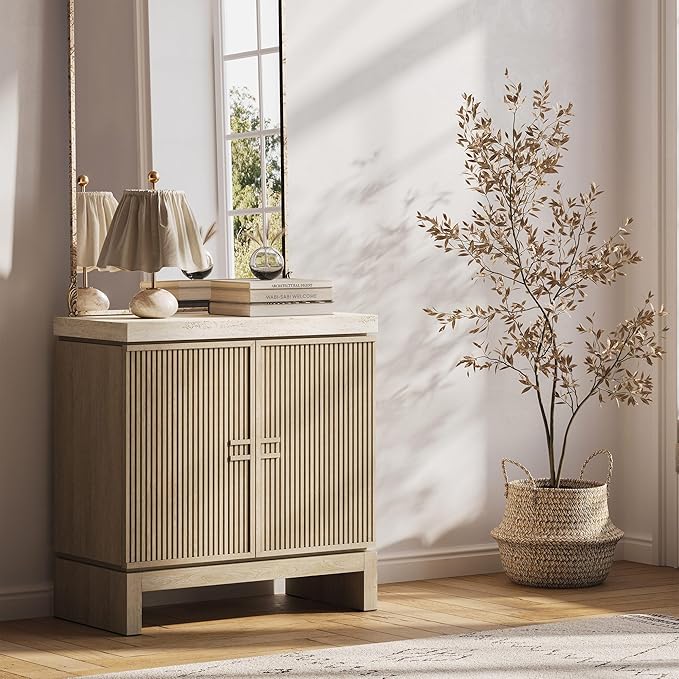 BELLEZE Anton 2 Door Sideboard Buffet Cabinet with Travertine-Look Top, Fluted Reeded Doors, Adjustable Shelf Storage Credenza for Dining Room Living Room Entryway, Travertine Greige