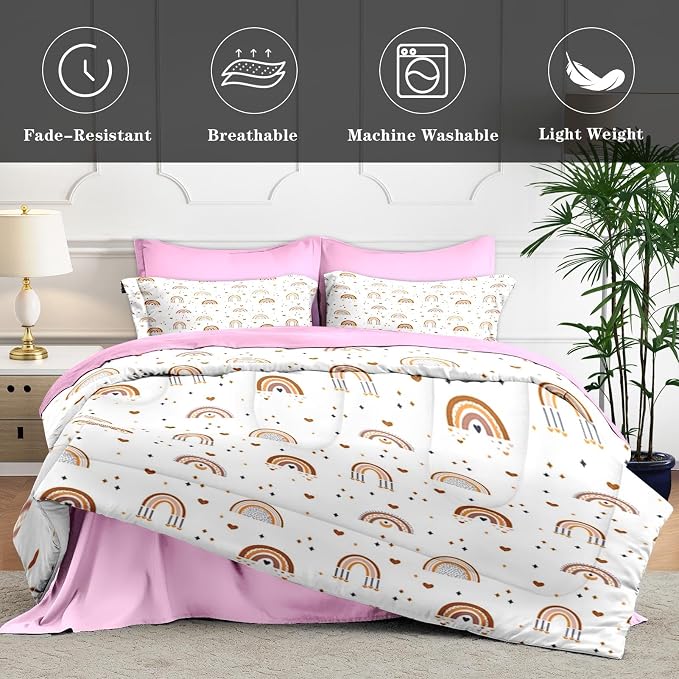 WeCozy 7 Pcs King Size Comforter Set with 2 Pillowcases & 2 Shams, Cute Bohemian Rainbow Bedding for Kids and Adults, Cartoon Boho Nursery Bed in a Bag with Flat Fitted Sheet