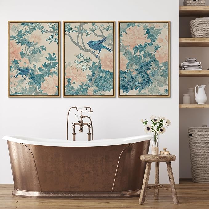 wall26 Framed Print Wall Art Set Elegant Blue Bird and Peony Floral Pattern Decorative Minimal Relax/Zen for Living Room, Bedroom, Office - 24"x36"x3 NATURAL