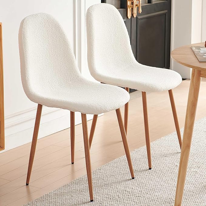 Faux Fur Dining Chairs Set of 4, Modern Upholstered Dining Room Chairs with Oak Look Foiled Steel Legs, Armless Kitchen Chairs for Living Room, White