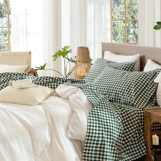 MooMee Gingham Sheet Set 100% Washed Cotton Linen Like Textured Breathable Soft w/Fully Elasticized 16-19" Deep Pocket (Classic Gingham Forest Green, Queen)
