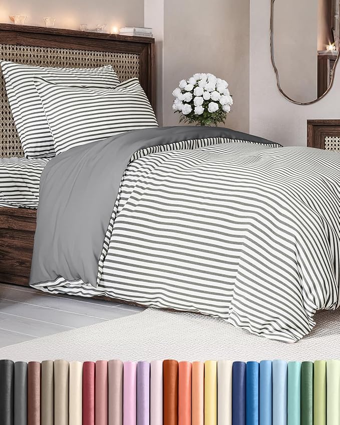Duvet Cover Twin/Twin XL Size - Extra Soft Twin/Twin XL Size Duvet Cover - Lightweight, Breathable & Cozy w/Zipper Closures and Ties - 68" x 90" Inches - (Grey Stripes 2) Comforter Not Included
