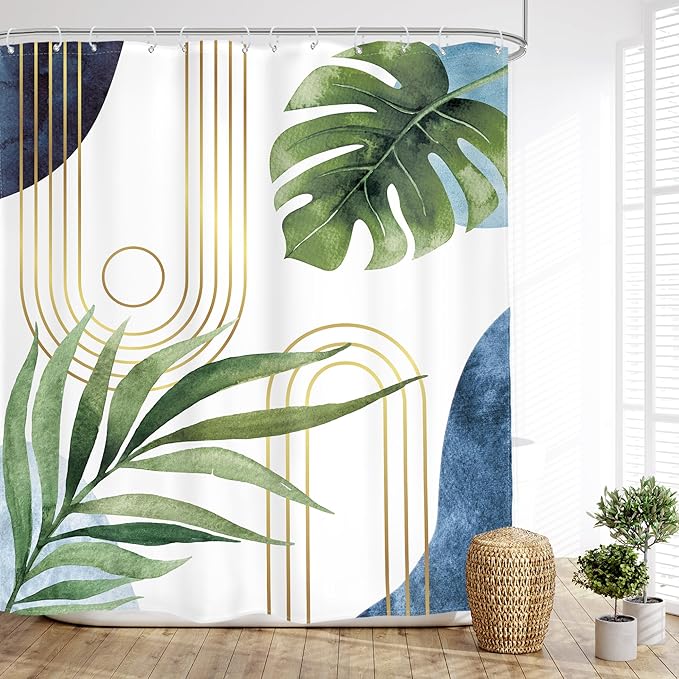 Glawry Extra Long Blue Green Shower Curtain Boho Mid Century Abstract Tropical Palm Leaf Modern Minimalist Plant Bathroom Geometric 72Wx84L Inches Bath Accessories Art Home Decor Fabric 12 Pack Hooks