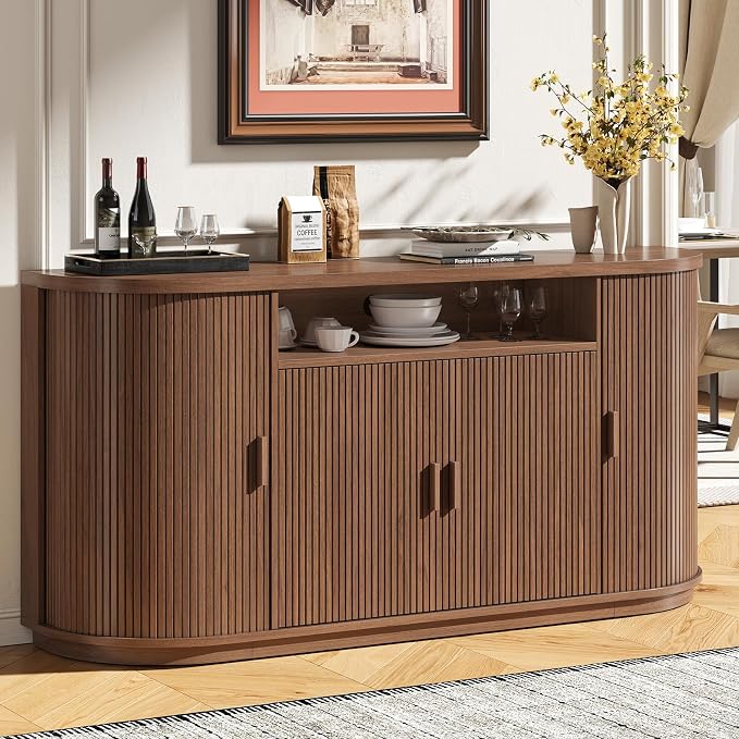63" Sideboard Buffet Cabinet with Storage, Modern Fluted Accent Credenza with Sliding Doors, Drawers and Adjustable Shelves, Wood Coffee Bar Console Table for Kitchen, Living Room, Enrtyway (Walnut)