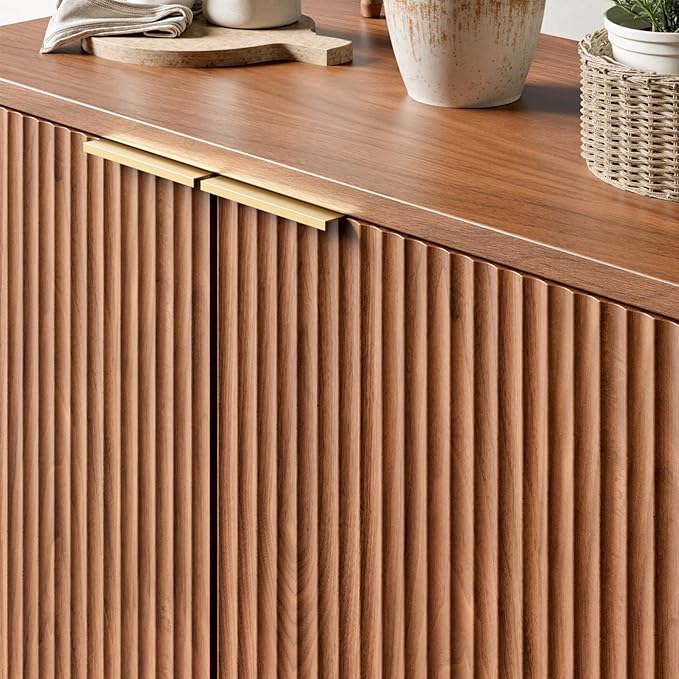 Evermagin 31.5" Walnut Buffet Cabinet with Storage, Small Sideboard Cabinet, Boho Fluted Accent Credenza for Dining Room, Kitchen, and Living Room