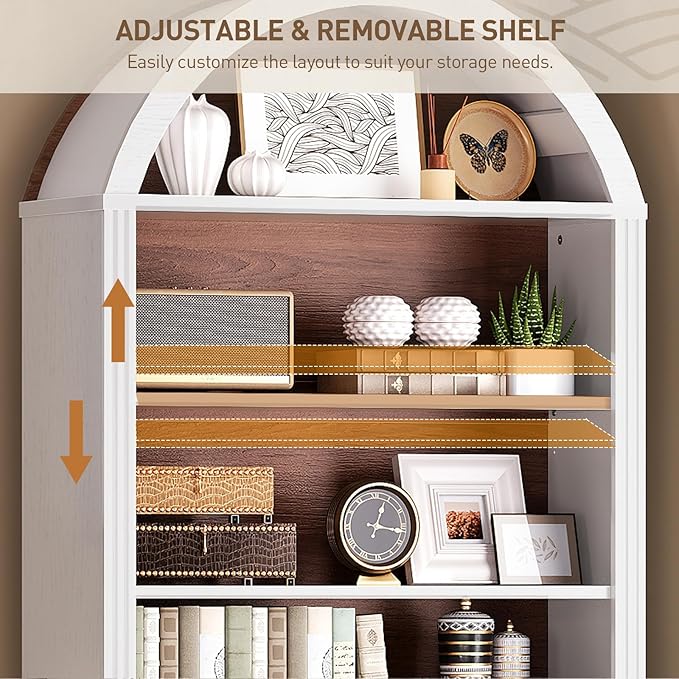 RALGEND Arched Bookshelf Set of 2, 75.8" Tall Arch Bookcase with Storage, 6-Tier Farmhouse Book Shelf, Arched Cabinet, Wooden Bookshelf with Open Display Shelves, Adjustable Shelf, White and Walnut