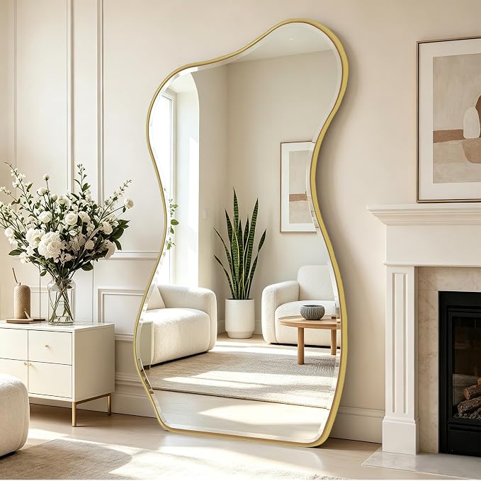 POZINO Irregular Beveled Mirror Full Length, 66.8"x33.5" Asymmetrical Aesthetic Wall Mirror with Metal Frame, Large Organic Floor Mirrors for Entryway Bedroom Living Room Cloakroom, Leaning/Wall-Mount