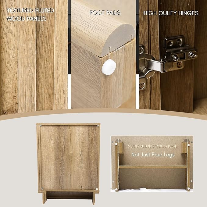 Sideboard Buffet Cabinet with Storage, Natural Freestanding Floor Cabinet Farmhouse Sideboard with 2 Fluted Doors Wooden Hallway Cabinet Media Console Table Credenza for Living Room Dining Room, 3PCS