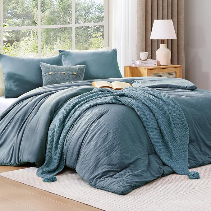WRENSONGE Full Size Comforter Sets - 3 Pieces Oxford Blue Comforter Prewashed Soft Lightweight for All Seasons, Fluffy Down Alternative Comforter Full Size with 2 Pillow Shams