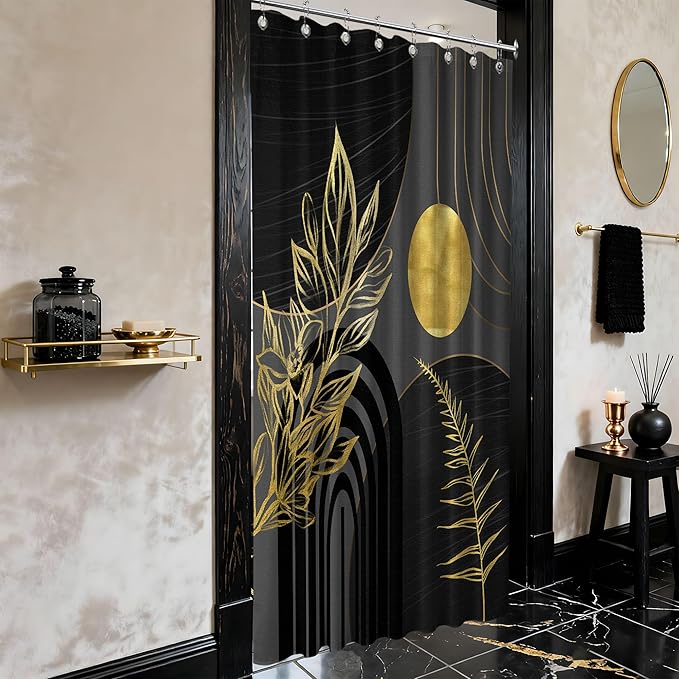 Black and Gold Shower Curtain Boho Mid Century Black and Dark Grey and Gold Shower Curtains for Bathroom Decor, Waterproof Cloth Fabric with Hooks, 48" W x 72" L