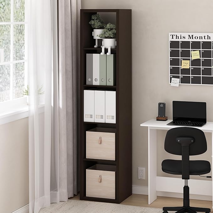 Furinno Cubicle Book Shelf, 5-Cube Bookshelf, Extra Thick Horizontally & Vertically Reversible Bookcase with Open Back, 14.6" x 16" x 72", for Living Room, Bedroom, Home Office, Black Dark Oak