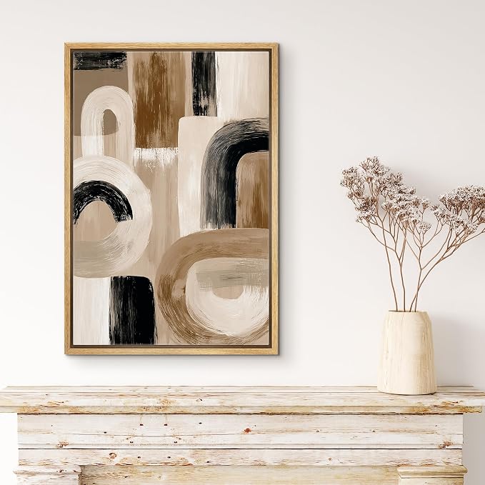 MUDECOR Framed Canvas Print Wall Art Neutral Beige & Black Brushstroke Abstract Illustrations Mid-Century Modern Multicolor for Living Room, Bedroom, Office - 16"x24" NATURAL