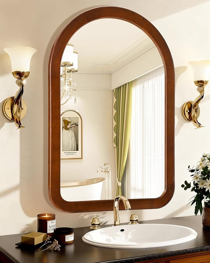Arched Mirror 24 x 36 Inch,Walnut Brown Wood Rustic Bathroom Tempered Wall Mirror with Wood Frame,Round Corner Arch Farmhouse Wooden Vanity Mirror for Living Room,Entryway or Bedroom
