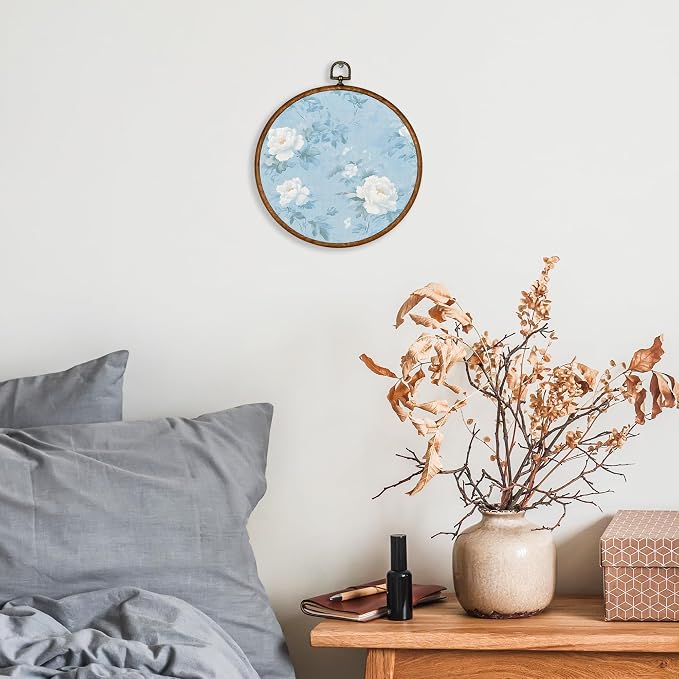 KSDUT Retro Aesthetic White Floral Wall Art Decor - Botanical Neutral Mid Century Modern Blue Wall Art Canvas Frame Hanging Prints, Vintage Landscape Round Wall Art Decor for Home Decorations 10"x10"