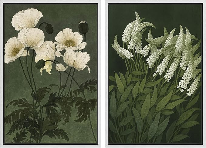 IDEA4WALL Framed Canvas Print Wall Art Set White Bloom Botanical Elegant Green and Cream Floral Illustrations Modern Art Decorative Calm/Zen for Living Room, Bedroom, Office - 24"x36"x2 White