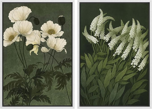 IDEA4WALL Framed Canvas Print Wall Art Set White Bloom Botanical Elegant Green and Cream Floral Illustrations Modern Art Decorative Calm/Zen for Living Room, Bedroom, Office - 24"x36"x2 White