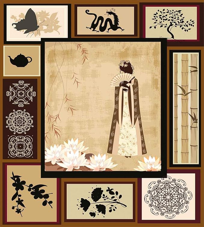 Ambesonne Japanese Duvet Cover Set, Girl in Traditional Dress and Cultural Patterns Ornaments Antique Eastern Collage, Decorative 2 Piece Bedding Set with 1 Pillow Sham, Twin Size, Brown Cream