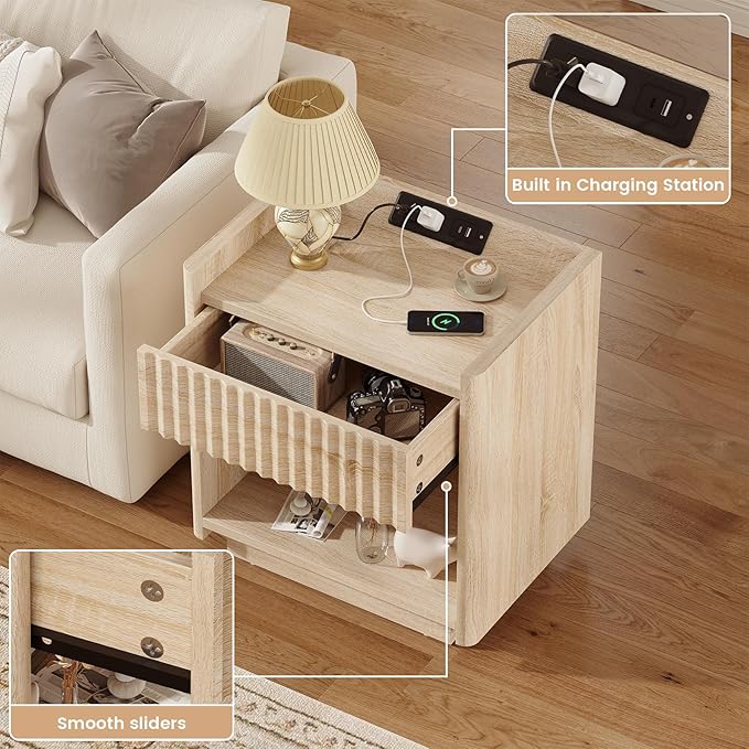Bigbiglife Fluted Nightstand with Charging Station, 22" Modern Side Table with Drawer End Table with Open Storage, Bedside Table for Bedroom, Living Room, Natural Oak (1, Natural Oak)