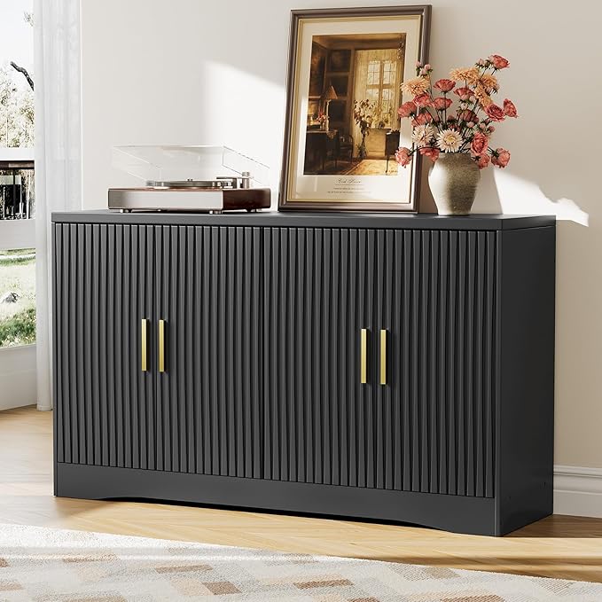 55" Modern Sideboard Buffet Cabinet with Storage, 4 Door Fluted Credenza Table Media Console Cabinet Entryway Cabinets for Living Room Kitchen, Black