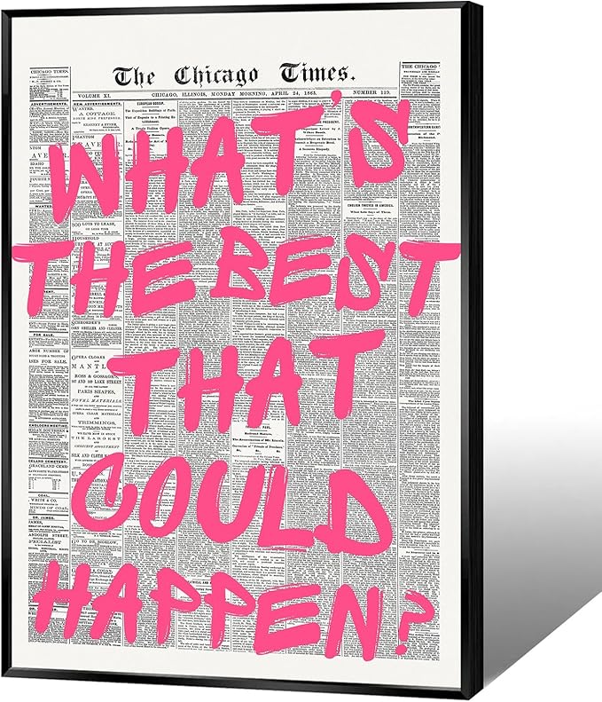 Whats The Best That Could Happen Wall Art Retro Newspaper Pink Font Canvas Posters Positive Affirming Quote Minimalist Prints Painting For Home Bedroom Dorm Wall Decor Aesthetics 12x16in Wrapped Canvas