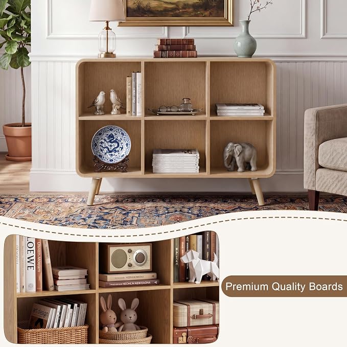 YOSHOOT 6 Cube Bookshelf - 35.4" Wood Cube Bookcase with Legs, Open Cubby Bookshelves with Curved Profile Design for Bedroom, Living Room,Home Office, Nature