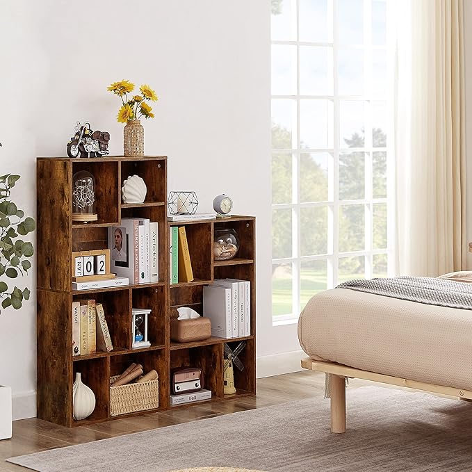 VECELO 4-Tier Modern Bookcase, 42 Inch High Storage Cabinet with Height Difference Shelves for Standard Textbooks, Floor Standing Display, 7 Cubes, Horizontal Avaiable, Easy Assembly, Rustic Brown