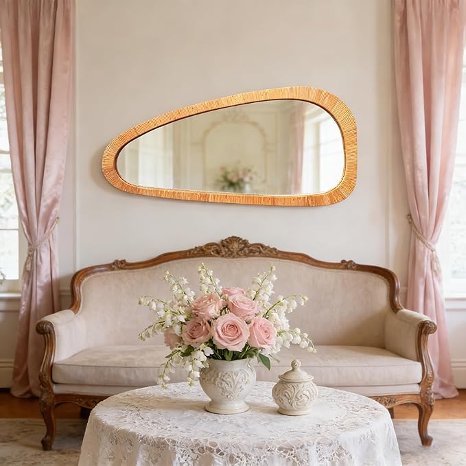 BAODANFU 22x48 Inch Asymmetrical Rattan Wall Mirror, Full Length Irregular Handwoven Natural Rattan Frame Mirror, 4-Way Mount Boho Decorative Mirror for Bedroom Entryway Living Room Farmhouse