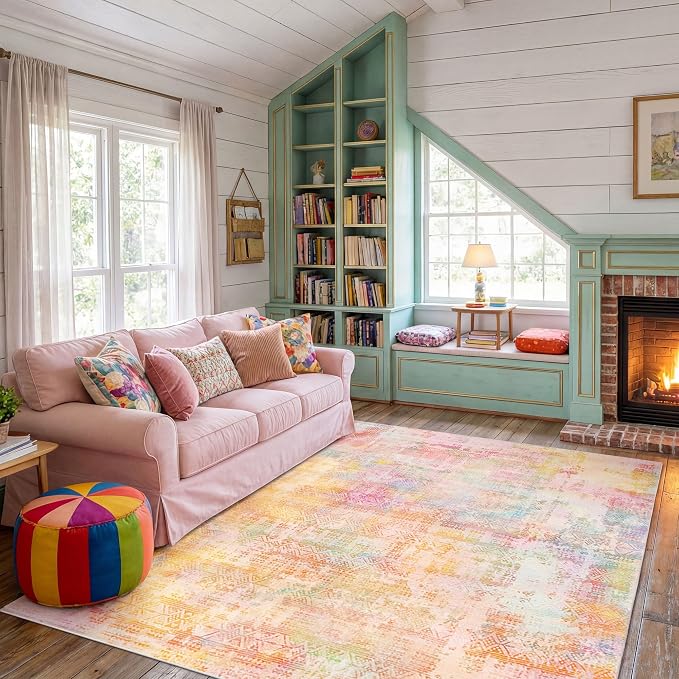 Kokia Abstract Area Rug Living Room 5x7 Washable Large Rug Bedroom Living Room Under Dining Table Soft Non Slip Stain Resistant Pink Orange Carpet Room Decor, Oslo Sunrise