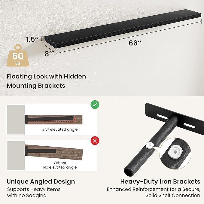 Fun Memories Floating Shelves for Wall, Rustic Wood Wall Mounted Shelves for Bathroom, Bedroom, Living Room & Kitchen, Storage Display Shelves, (Set of 2, Black, 66 in)