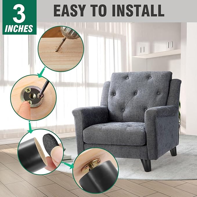 FoDau770 Black Rubber Wood Furniture Legs 3 Inches, Slant Tapered Wood Feet Mid Century Sofa Legs Set of 8, 5/16" UNC Furniture Feet Replacement Parts for Cabinet Couch Dresser Chair Ottoman Table