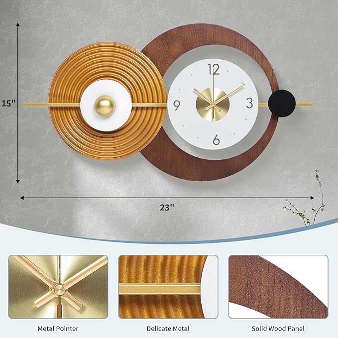 Wall Clock Modern Battery Operated Big Clocks Metal and Wooden Nordic Style Large Brown Wall Watch Decorative Timepiece Perfect for Home,Living,Bedroom 23X15inch