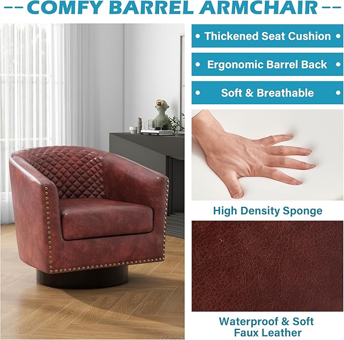 UIXE Swivel Accent Chair, PU Leather Barrel Club Chair for Living Room, Upholstered Armchair Comfy Single Sofa Bedroom Reading Seat - Red Brown