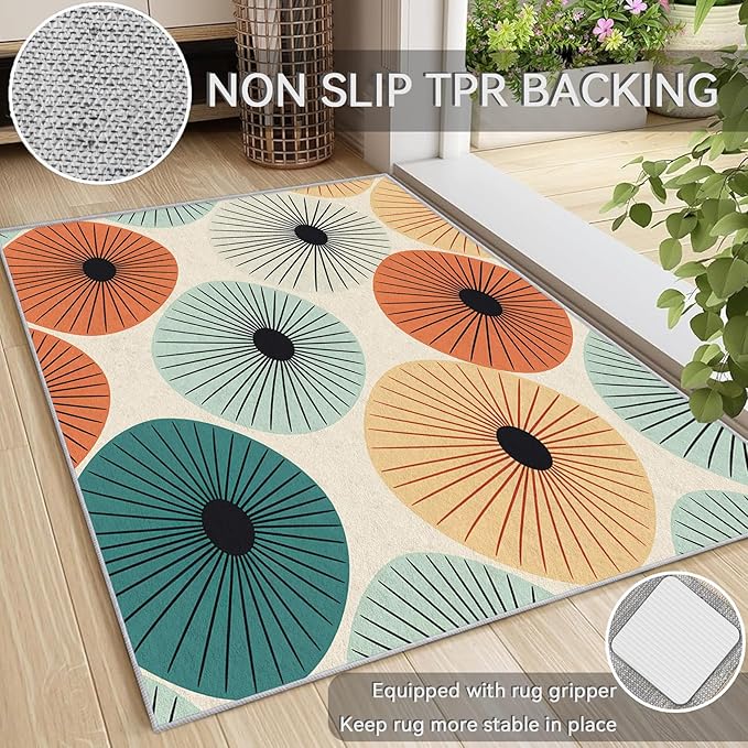 Mid Century Rugs for Living Room 7x10, Retro 50s Abstract Modern Atomic Pattern Design Area Rug, Mid Century Bedroom Decor Carpet, Non Slip, Washable (RG482)