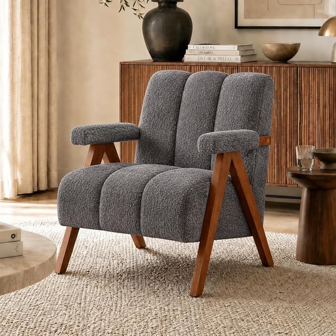 Mid Century Modern Accent Chair with Solid Oak Wood Frame, Upholstered Chenille Lounge Chair with Ergonomic Backrest and Thick Cushion for Living Room Bedroom Balcony, Grey