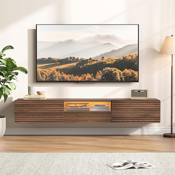 Maupvit 63" Floating TV Stand for TVs up to 75", Fluted Entertainment Center with Remote Control for LED Lights, Wall Mounted Shelf, Mid-Century Modern TV Console w/Glass Door for Living Room (Walnut)