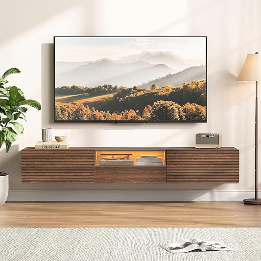 Maupvit 63" Floating TV Stand for TVs up to 75", Fluted Entertainment Center with Remote Control for LED Lights, Wall Mounted Shelf, Mid-Century Modern TV Console w/Glass Door for Living Room (Walnut)