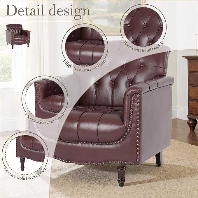 Pia Ricco Modern Tufted Accent Chair, Single Faux Leather Armchair with Nailhead Trim & Wood Legs, Comfortable Upholstered Seat for Living Room, Office - Wine Red