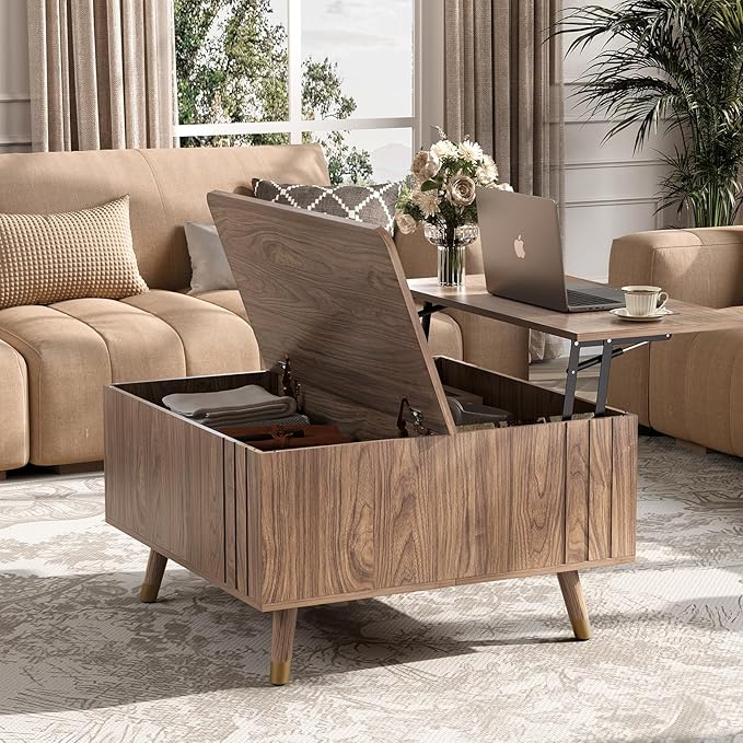 Square Lift Top Coffee Table with Storage,32" Mid Century Modern Walnut Center Table with Rising Desktop for Work & Dining, Walnut Finish