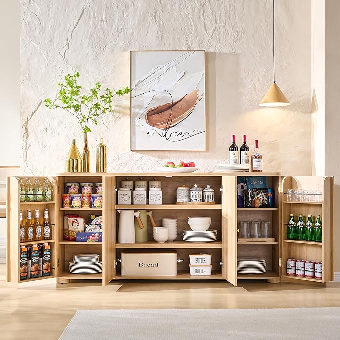 Curved Buffet Cabinet with Doors, 66" Large Sideboard Buffet Storage Cabinet with 4 Doors and Shleves, Modern Coffee Bar Station Wood Kitchen Table for Kitchen, Dining Room, Natural
