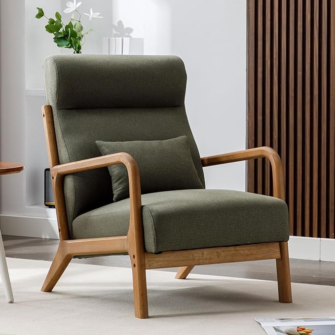 ANJ Mid Century Modern Accent Chair with High Back, Single Lounge Armchair with Solid Wood Frame, Comfy Reading Chair for Living Room, Easy Assembly