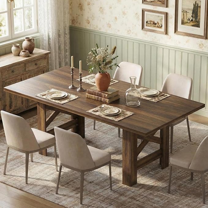 GarveeHome Dining Table for 6-8, 71" Long Large Wooden Farmhouse Kitchen Table with Thick Sturdy Frame, Rectangular Dining Room Dinner Table with Stable Triangular Legs for Kitchen,Office, Retro Brown