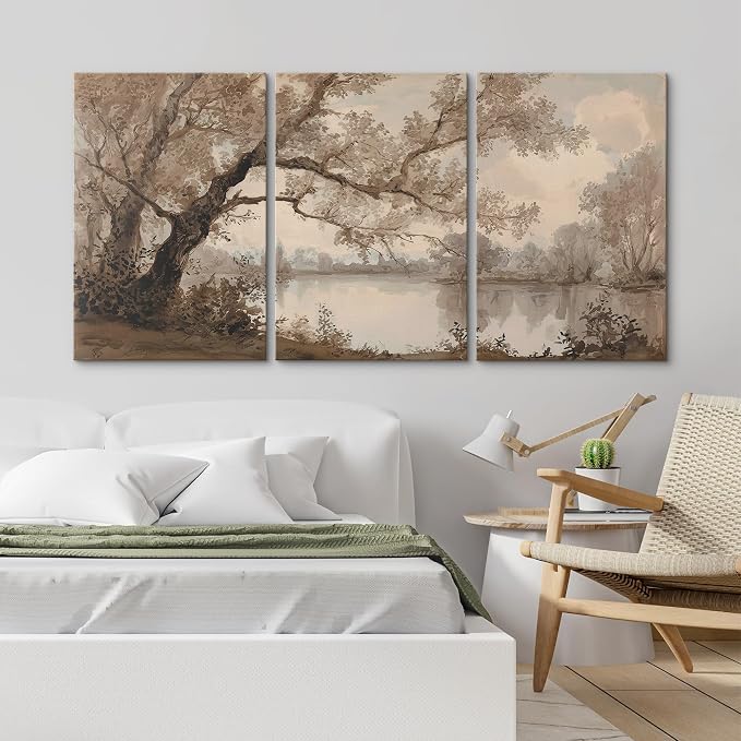 wall26 Canvas Print Wall Art Set Sepia Watercolor Lakeside Tree Landscape Decorative Minimal Relax/Zen for Living Room, Bedroom, Office - 16"x24" x 3