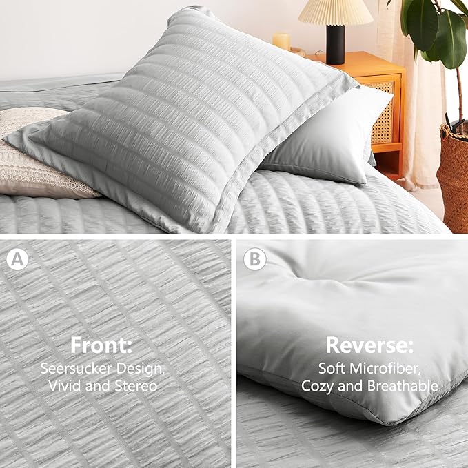 CozyLux Twin XL Comforter Set Light Grey, 5 Pieces Seersucker Twin Extra Long Bed in a Bag, College Dorm Down Alternative Bedding Set with Comforter, Sheets, Pillowcase & Sham, Back to School Gift