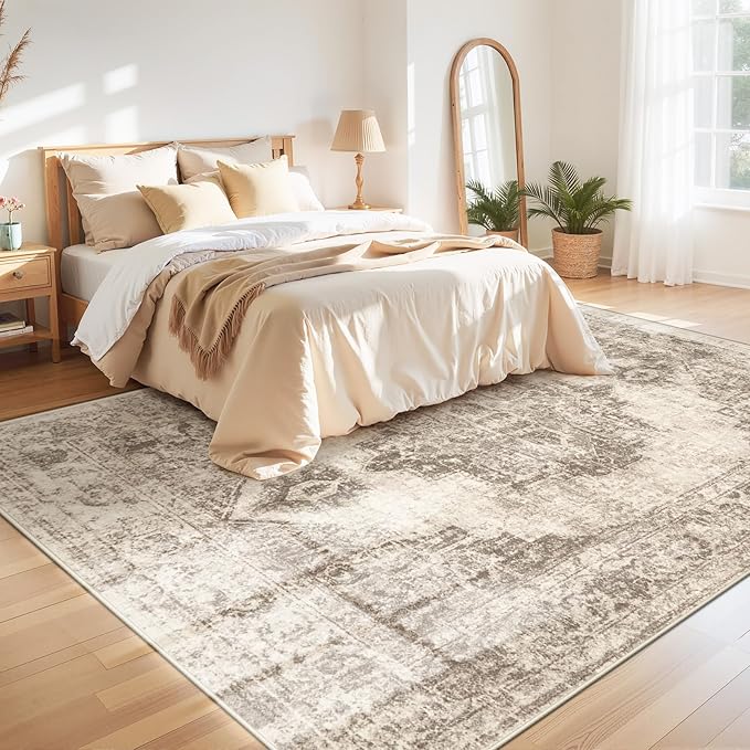 Area Rug 9x12 Vintage Rugs: Large Washable Indoor Medallion Rug Low Pile Distressed Floor Carpet Retro Accent Rugs for Living Room Bedroom Kitchen Dining Table Home Office(Taupe, 9'x12')