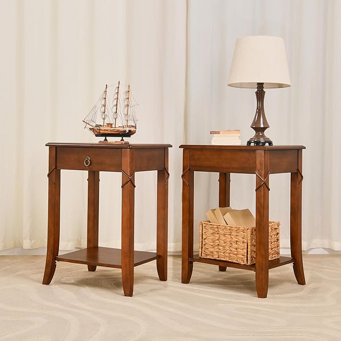 2-Set Solid Wood End Table with Drawer, Beside Table, Nightstand, Mid-Century Modern Funiture with Storage Shelf, 19.7" x 15.7" x 27.6" High Living Room Side Table with Wood Frame, Cherry GBJDR200