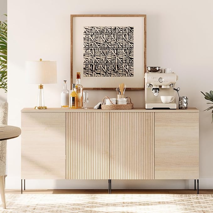 WAMPAT 63" Sideboard Buffet Cabinet with 4 Doors and Adjustable Shelves, Fluted Storage Cabinet, Modern Credenza Coffee Bar Wine Bar Table for Kitchen, Dining Room, Living Room,Beige