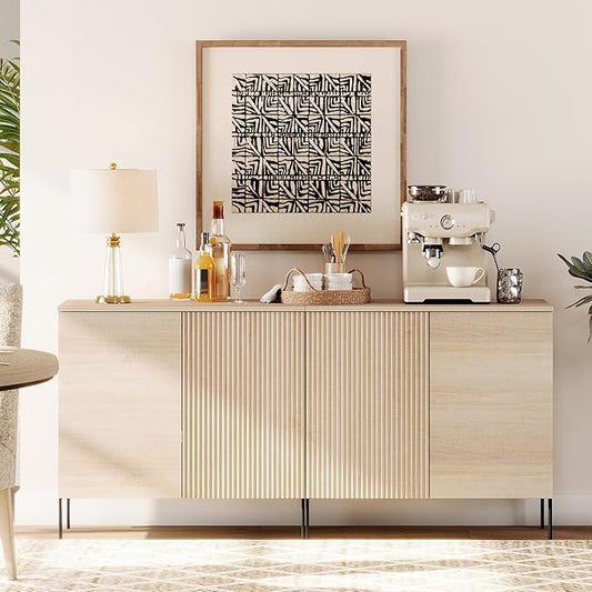 WAMPAT 63" Sideboard Buffet Cabinet with 4 Doors and Adjustable Shelves, Fluted Storage Cabinet, Modern Credenza Coffee Bar Wine Bar Table for Kitchen, Dining Room, Living Room,Beige