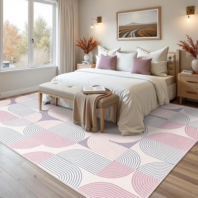 Living Room Rugs 6x9, Soft Modern Geometric Pink Rug for Bedroom, Washable Non-Slip Indoor Floor Boho Abstract Carpet for Dining Room Nursery Home, Pink/Purple