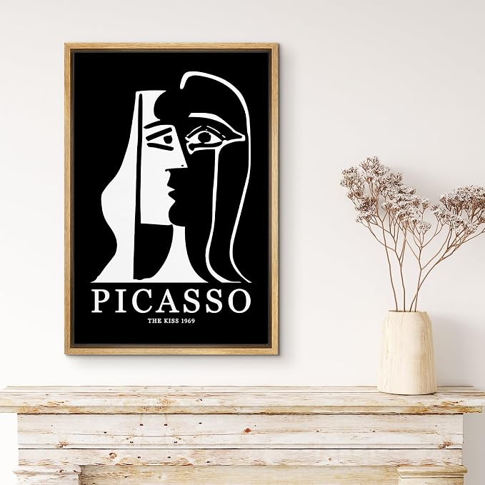 MUDECOR Framed Canvas Print Wall Art Picasso Black & White Geometric Kiss Portrait Shapes Abstract Illustrations Modern Art Minimal Dramatic Dark for Living Room, Bedroom, Office - 24"x36" Natural